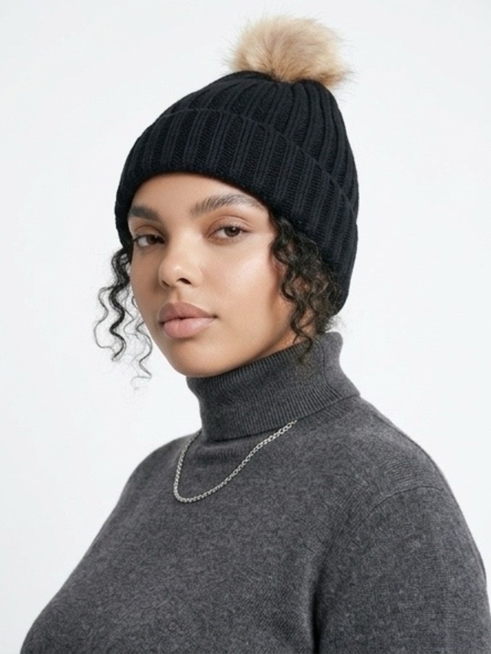 Source Unknown Black Knit Hat with Pink Pom Pom